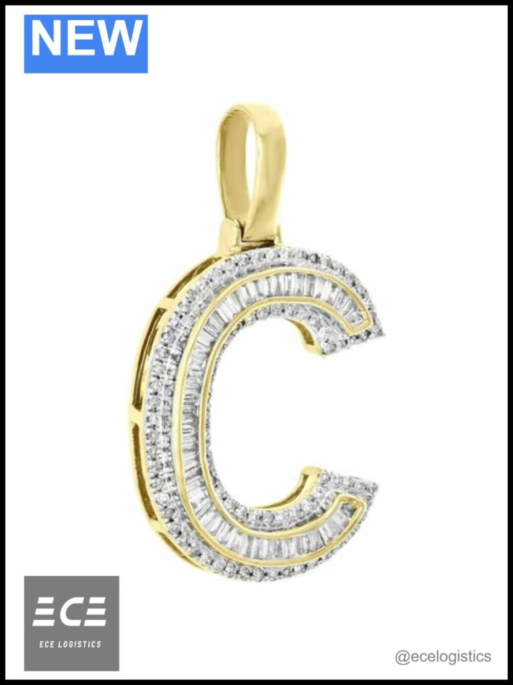 1.50ct Baguette Simulated Diamond Letter C Mini Pendant Initial Charm 14K Gold